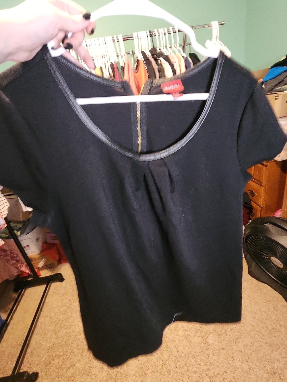Merona Black Faux Leather Trim Blouse XL Short Sleeve Zip Back Top